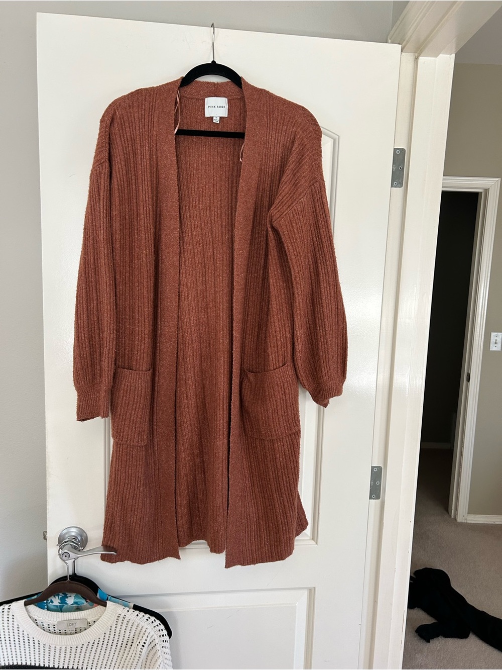 Pink Rose Cozy Open-Front Cardigan in Rust